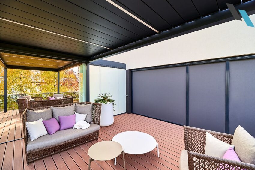 Lamellás pergola és Fixscreen kültéri textilárnyékoló